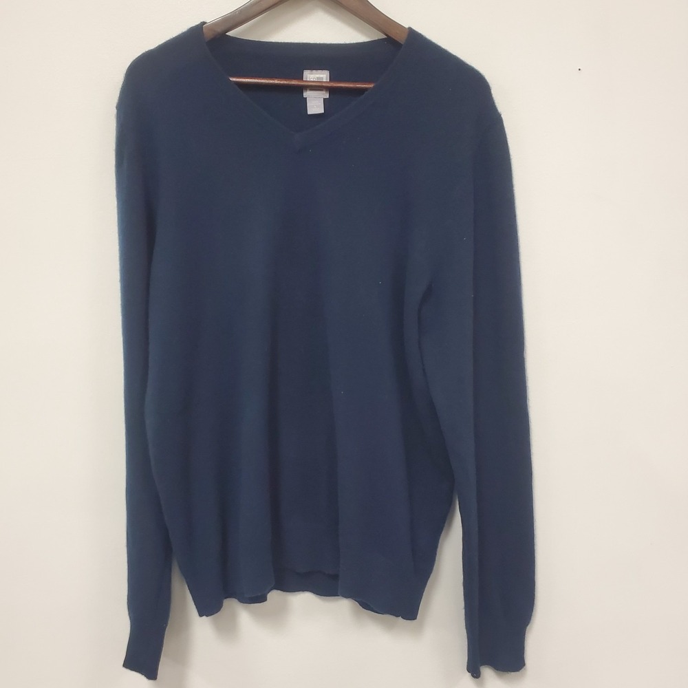 JCP Mens 100% Cashmere V Neck Sweater Size L Navy Blue Luxe Classic JC-00-007-A